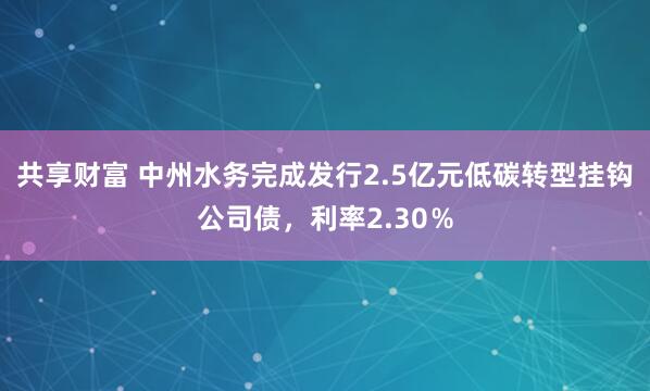 共享财富 中州水务完成发行2.5亿元低碳转型挂钩公司债，利率2.30％